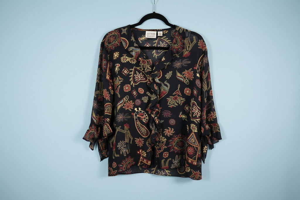 100% Silk Blouse – Size 2 | Statement Print Top
