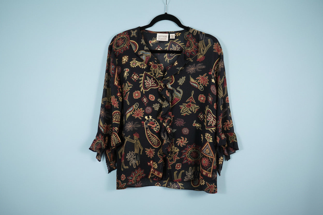 100% Silk Blouse – Size 2 | Statement Print Top