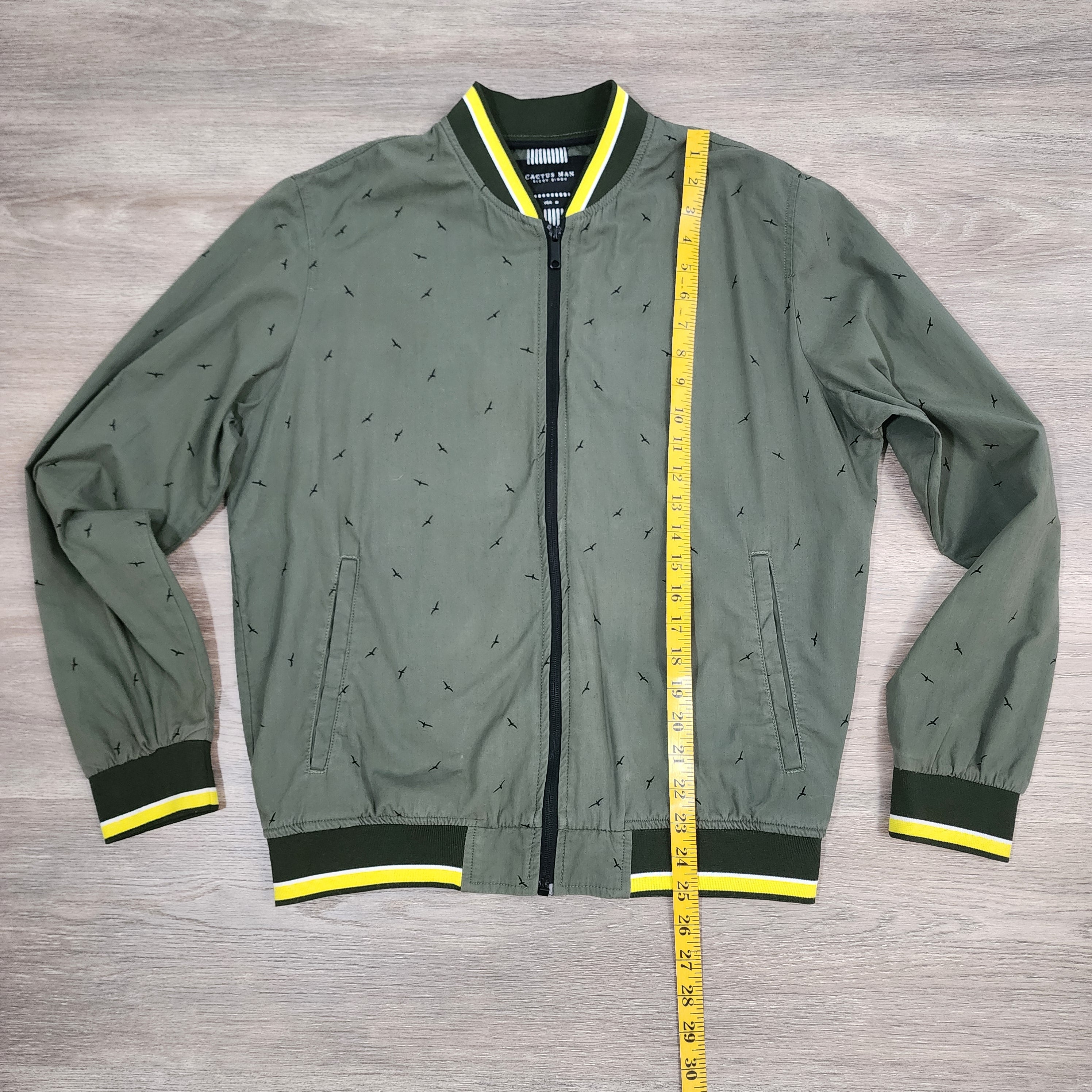 Cactus Man Ricky Singh Olive Bird Print Bomber Jacket — Size M