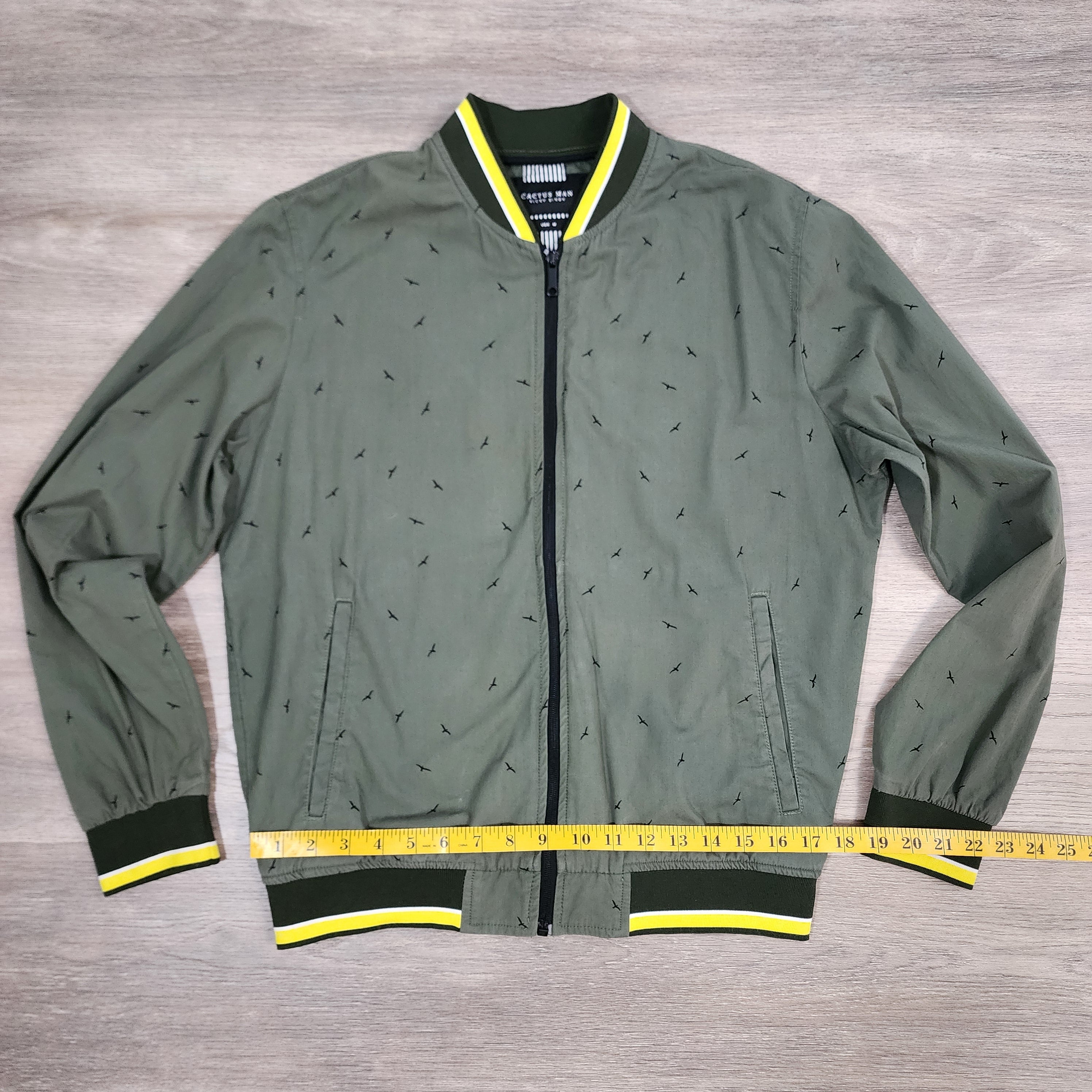 Cactus Man Ricky Singh Olive Bird Print Bomber Jacket — Size M