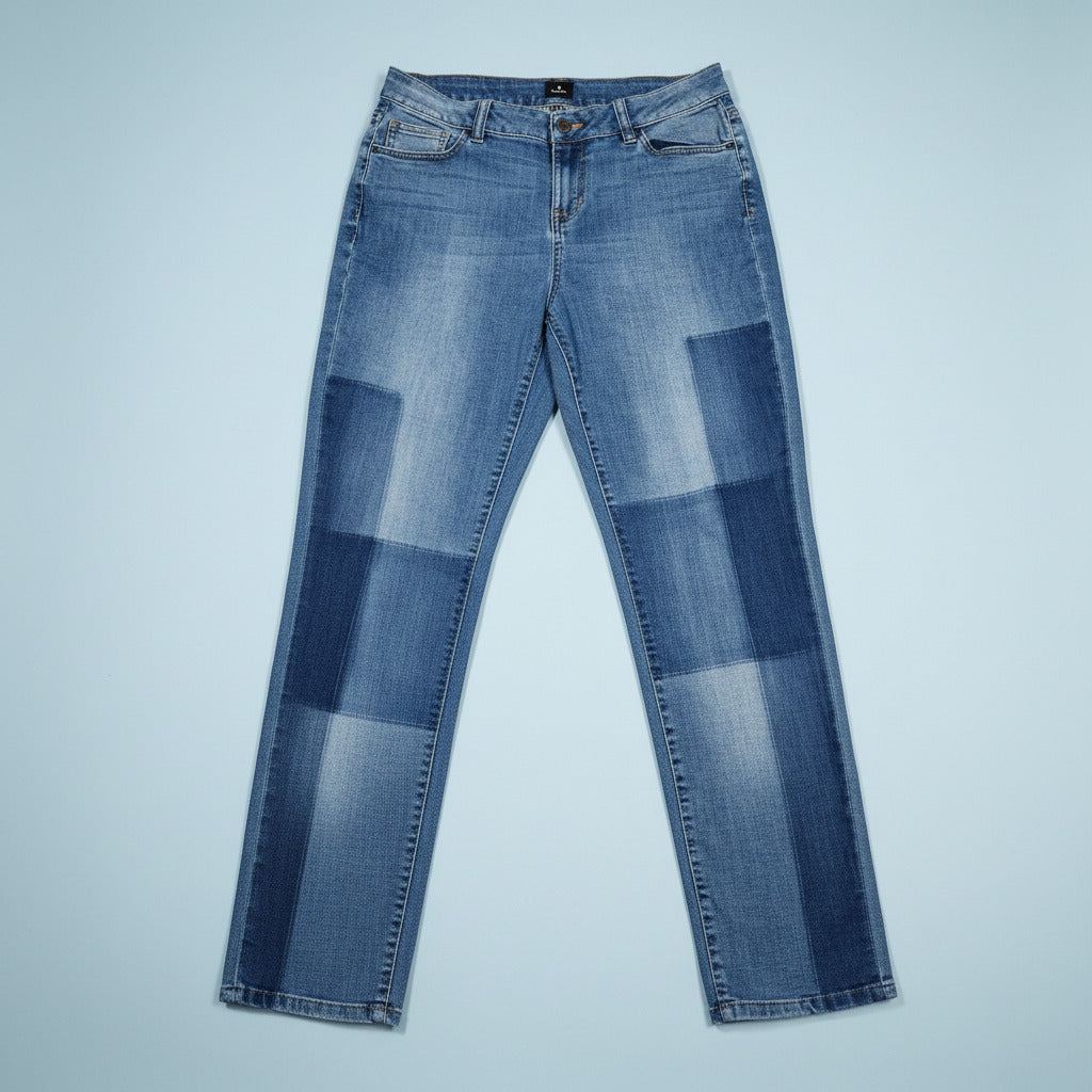 pair of patchwork blue jeans