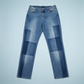 pair of patchwork blue jeans