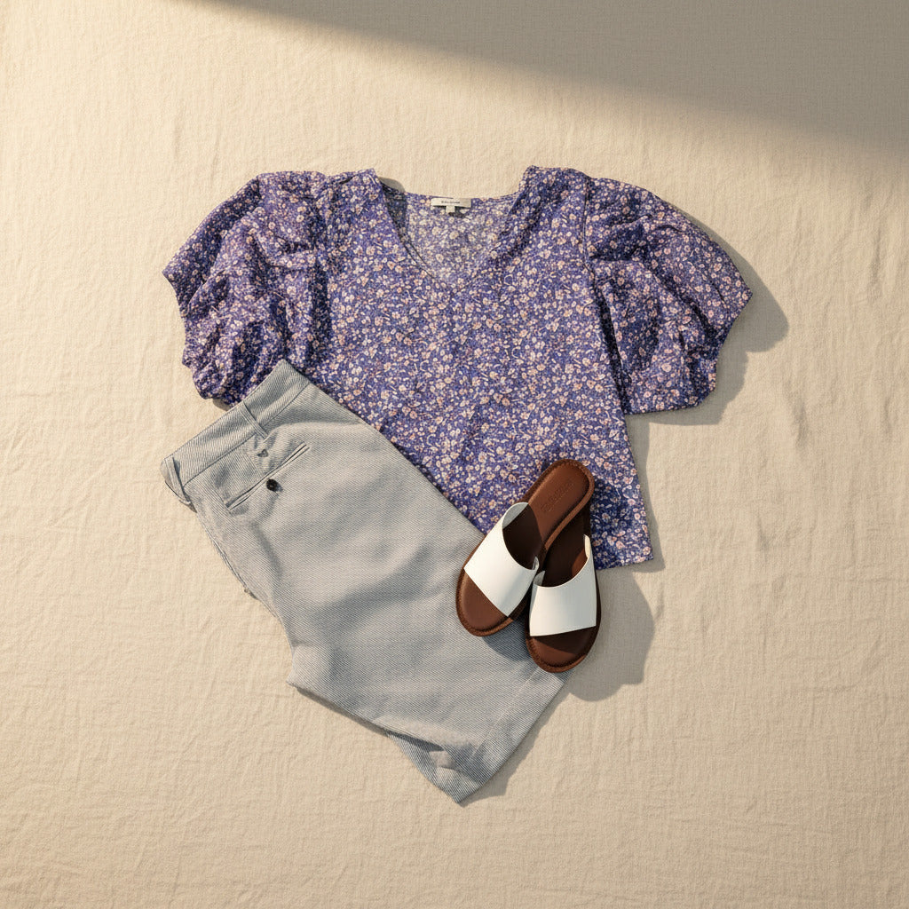 Madewell Floral Puff Sleeve Top – Blue / Size M