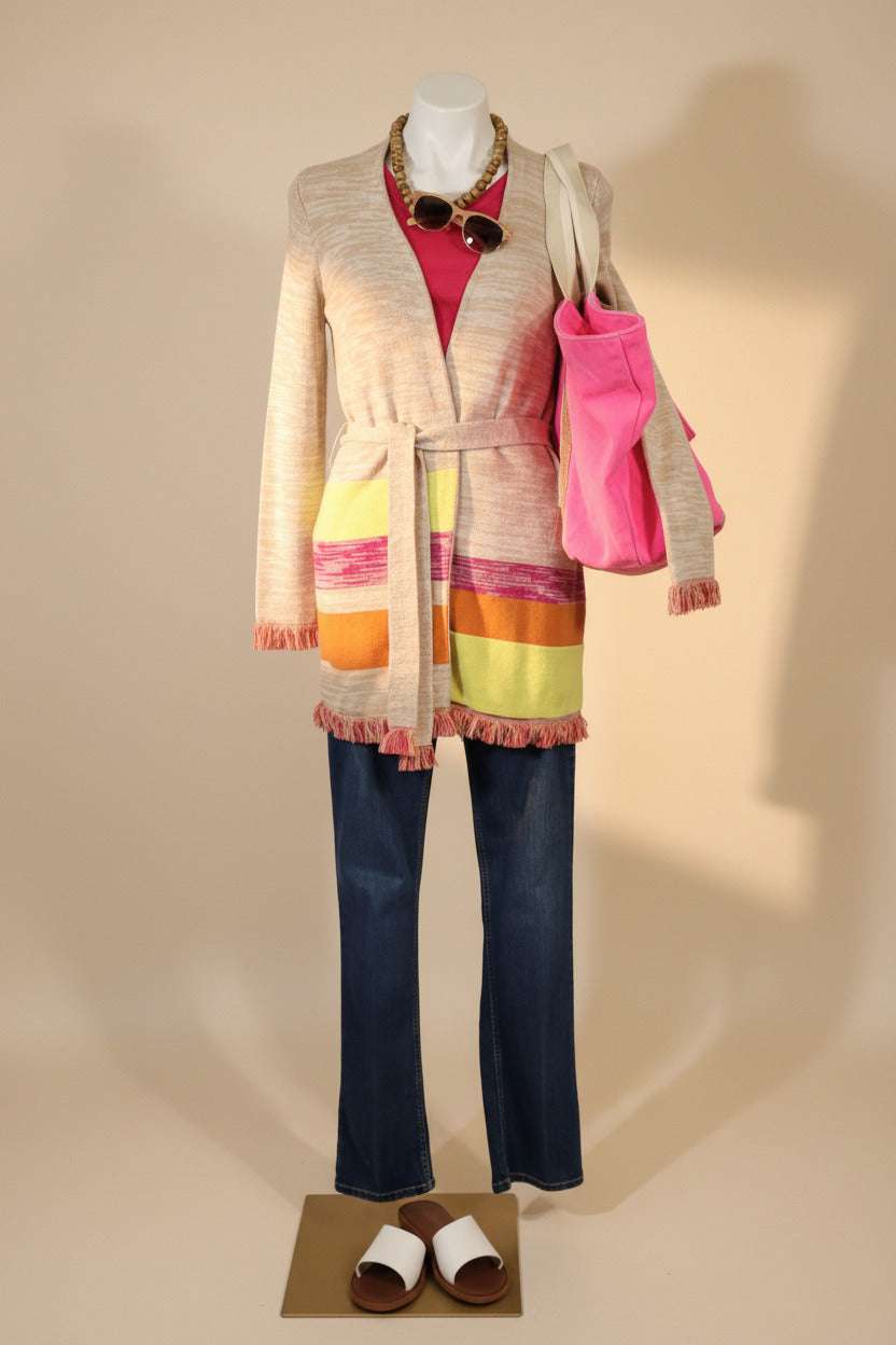 525 America Colorblock Stripe Fringe Cardigan