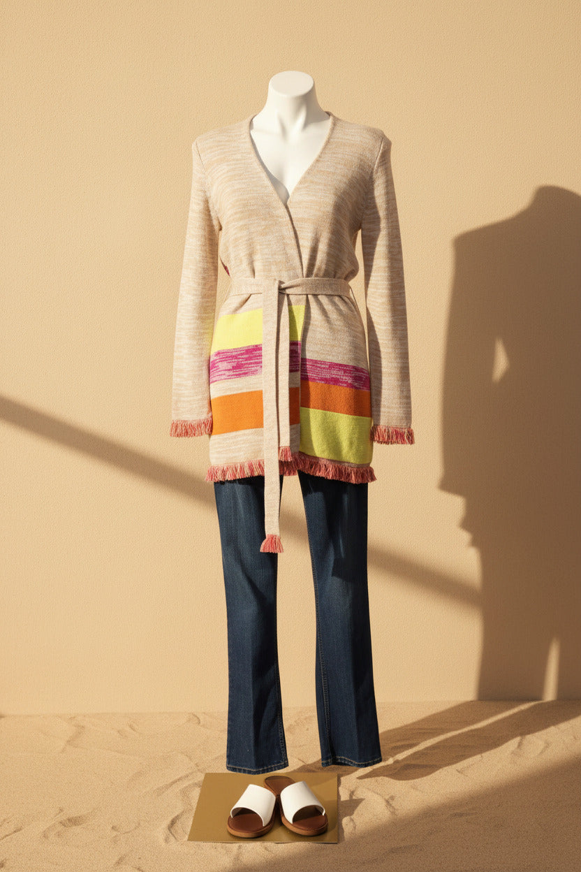 525 America Colorblock Stripe Fringe Cardigan