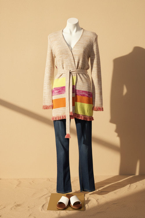 525 America Colorblock Stripe Fringe Cardigan
