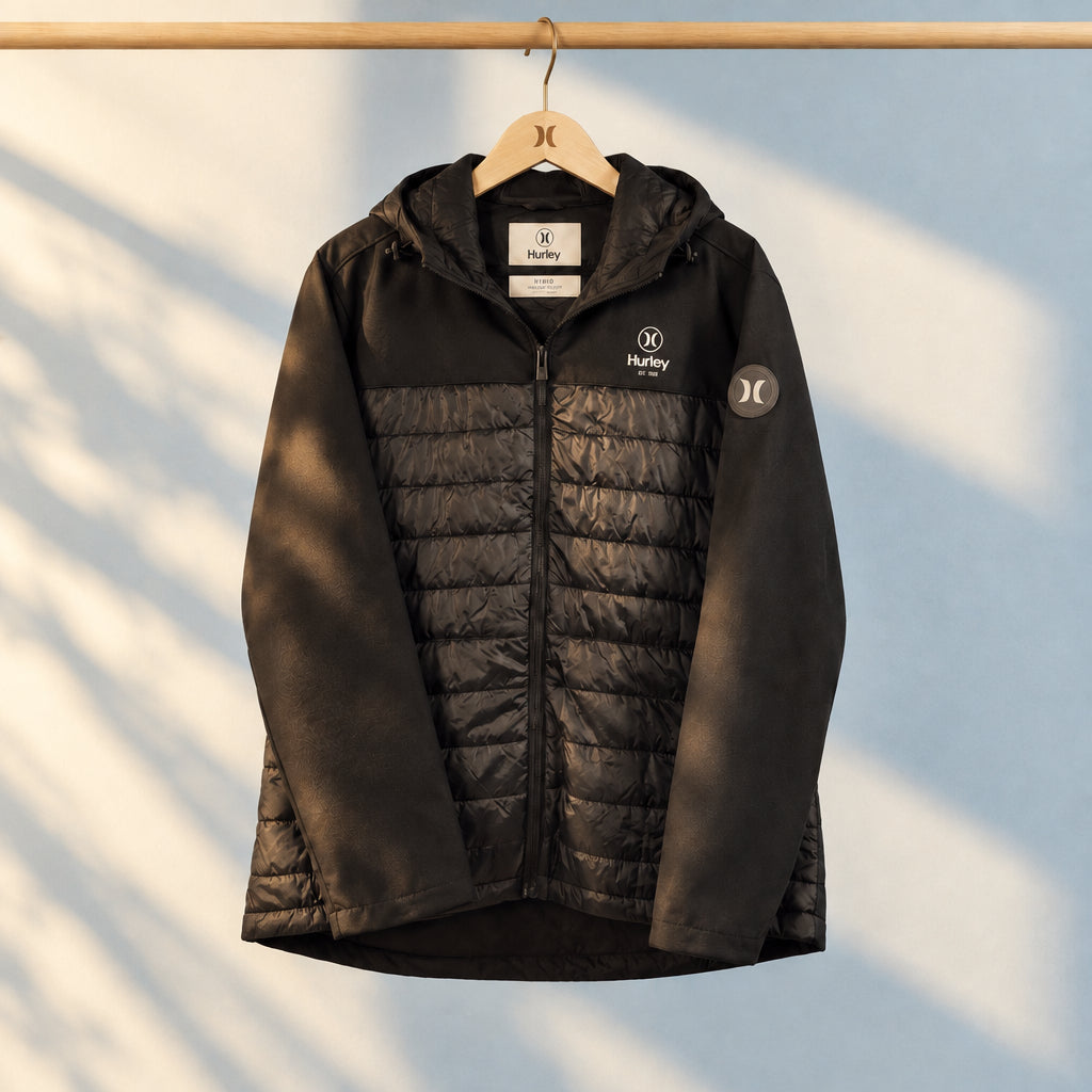 Hurley Men's XXL Black Hooded Hybrid Softshell Quilted Puffer Full Zip Jacket