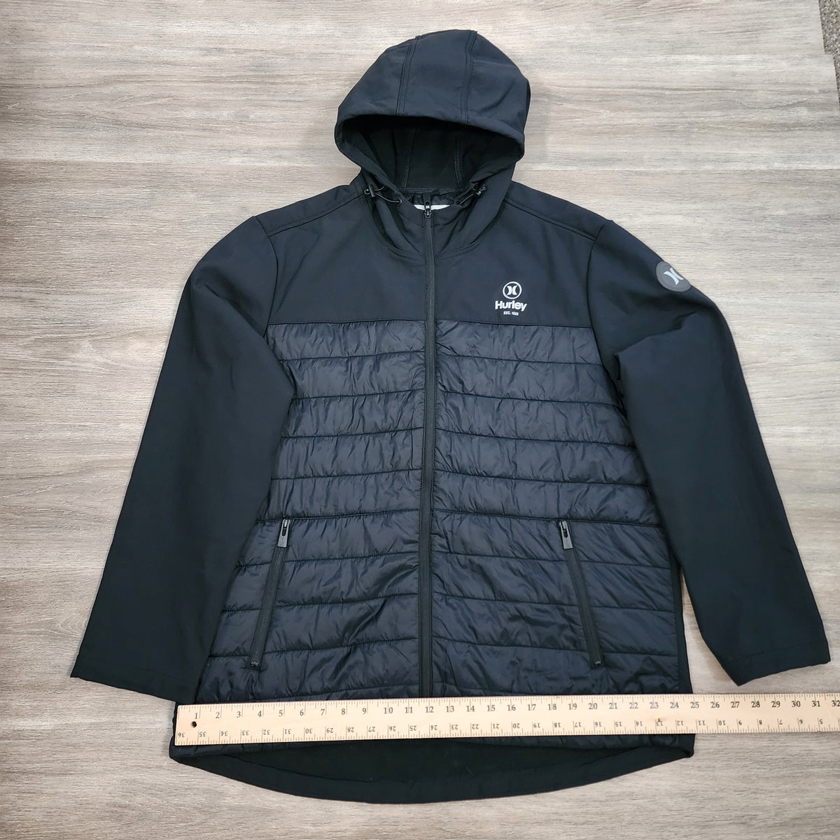 Hurley Men's XXL Black Hooded Hybrid Softshell Quilted Puffer Full Zip Jacket